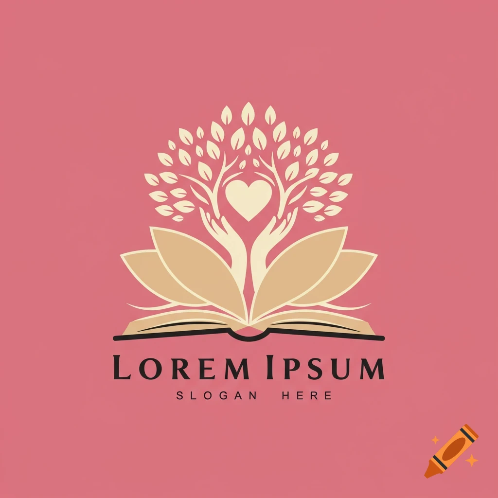 A logo graphic showing an open book with pages like lotus leaves, from which grows a tree with branches like hands holding a heart. The text "LOREM IPSUM SLOGAN HERE" is below.