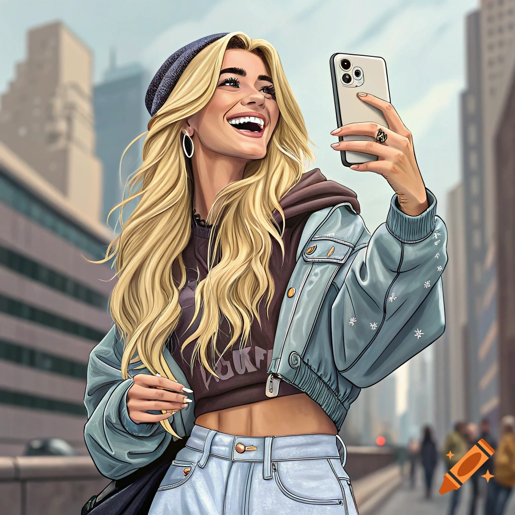 An illustration of a young woman taking a selfie on a city street.
