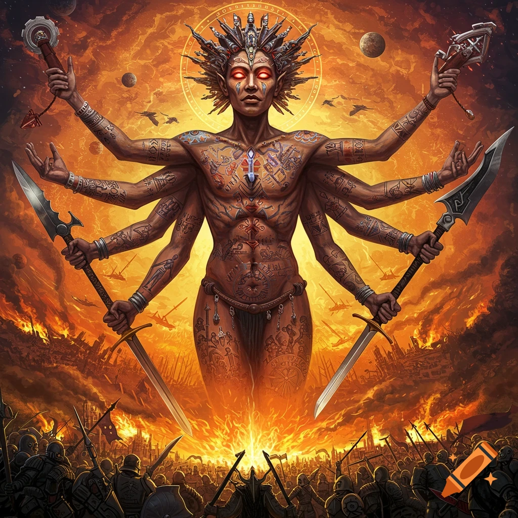 A multi-limbed figure with tattoos stands among warring armies in a fiery landscape under an orange sky.