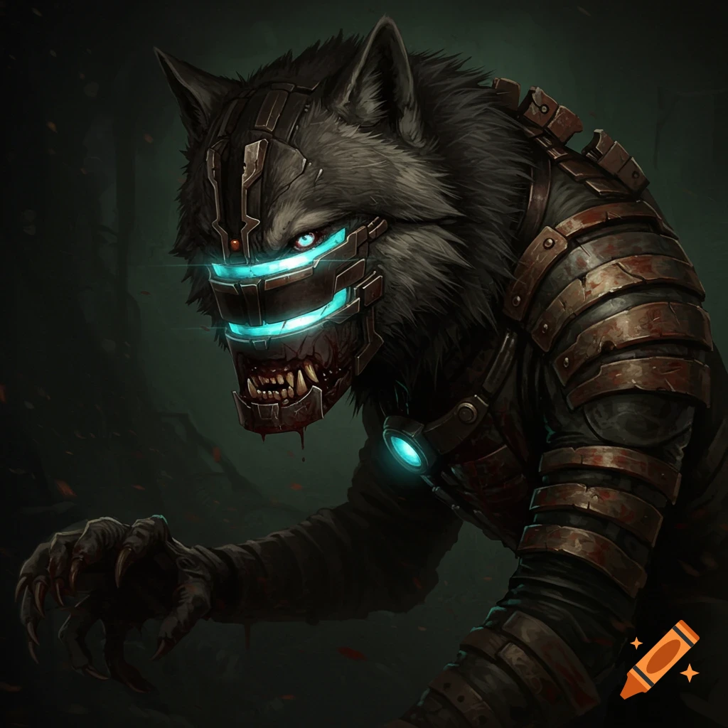 Wolf creature wearing futuristic armor similar to Isaac Clarke's rig.
