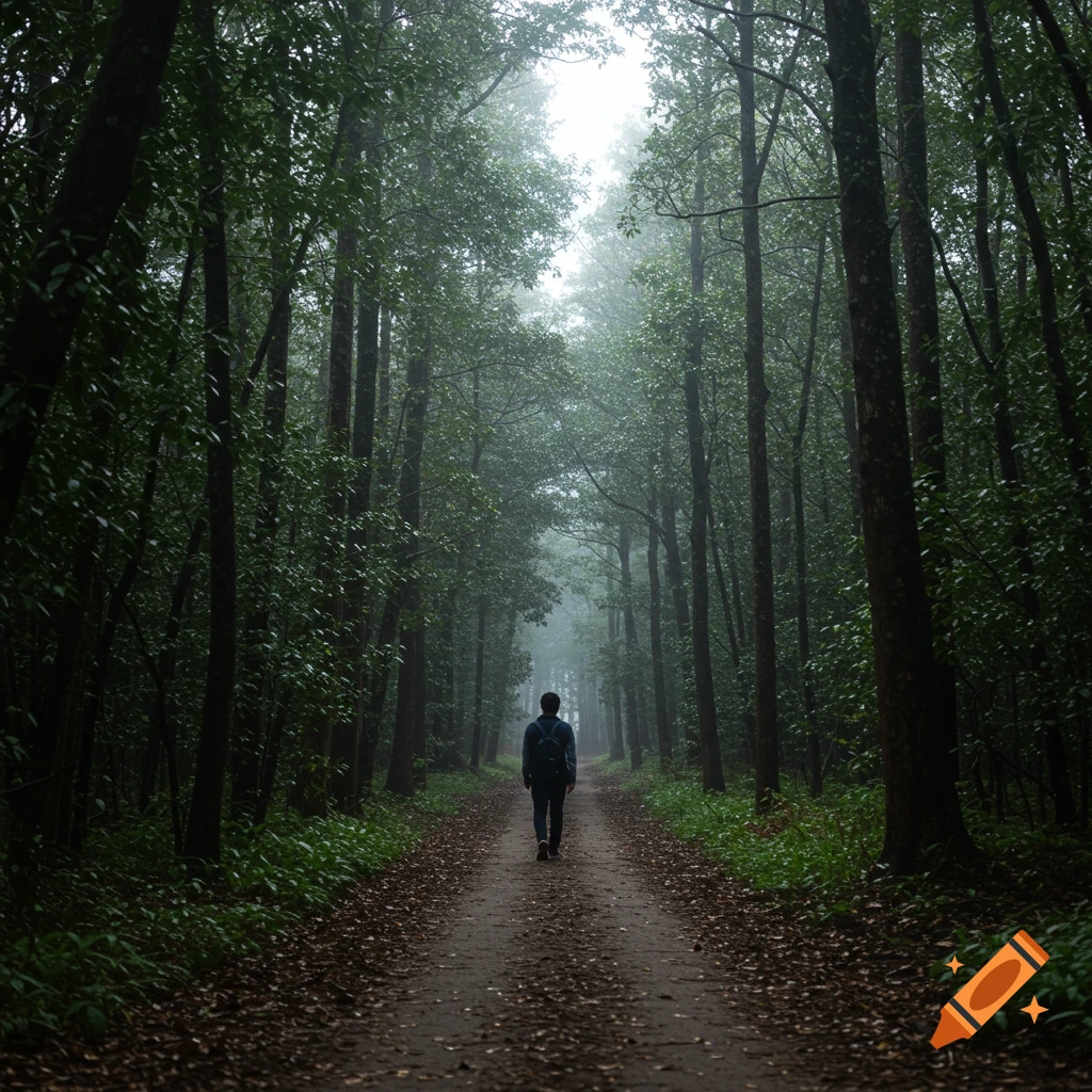 Person walking on a misty path through a dense forest