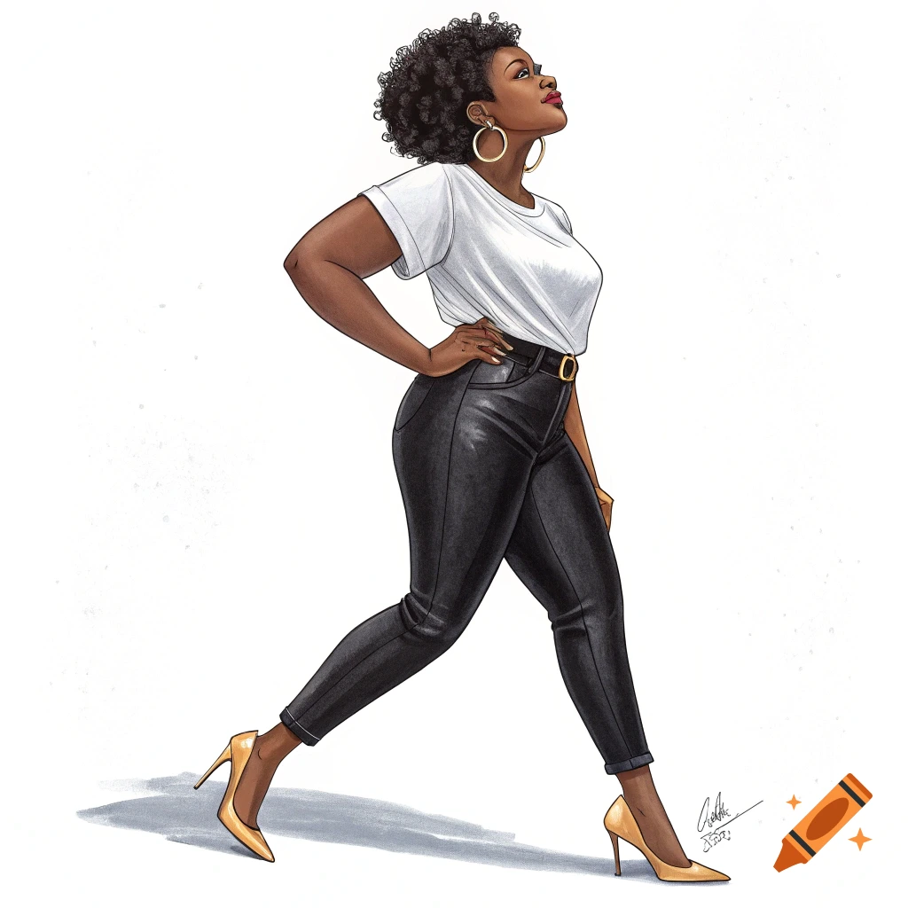 Illustration of a confident woman in a white tee, black leather pants, and gold heels.