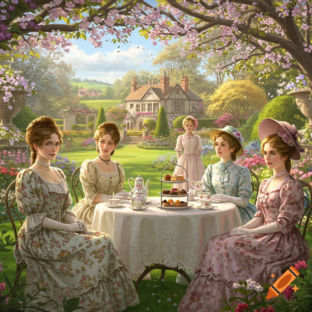 Women in Victorian dresses having tea in a garden with a mansion.