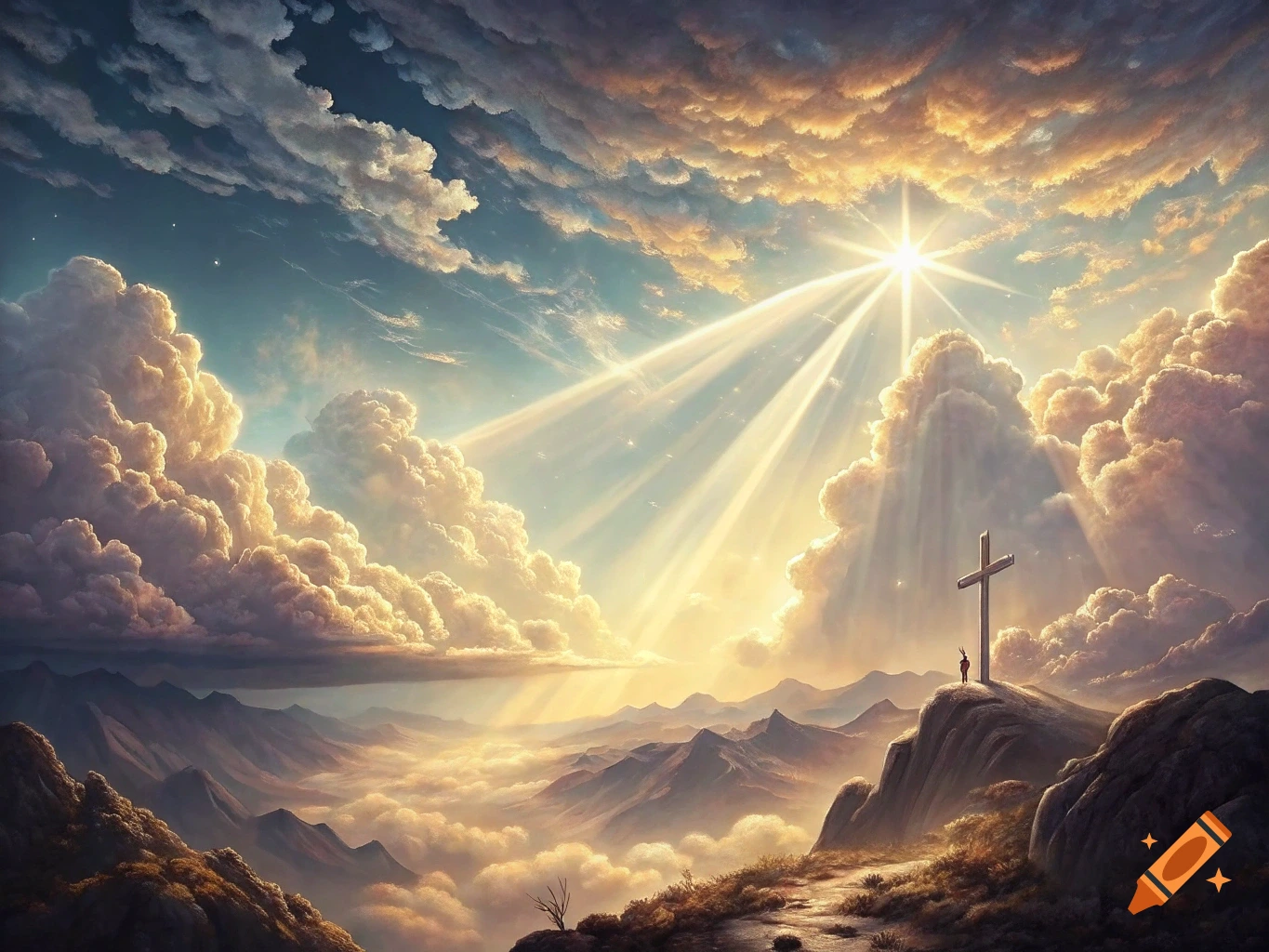 Dramatic sky with sun rays over mountains, a cross on a peak with a small figure