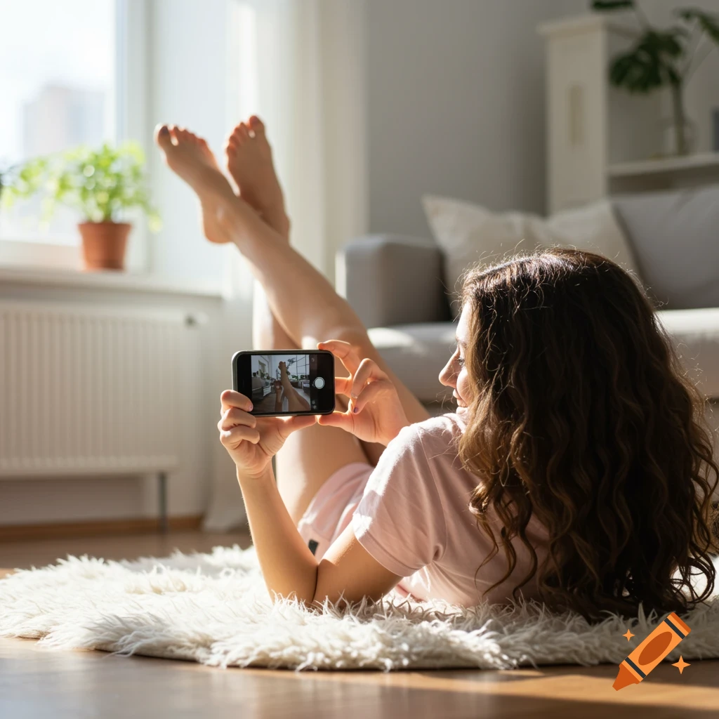 A woman lies on a rug in a sunny room, taking a picture of her feet with a smartphone.