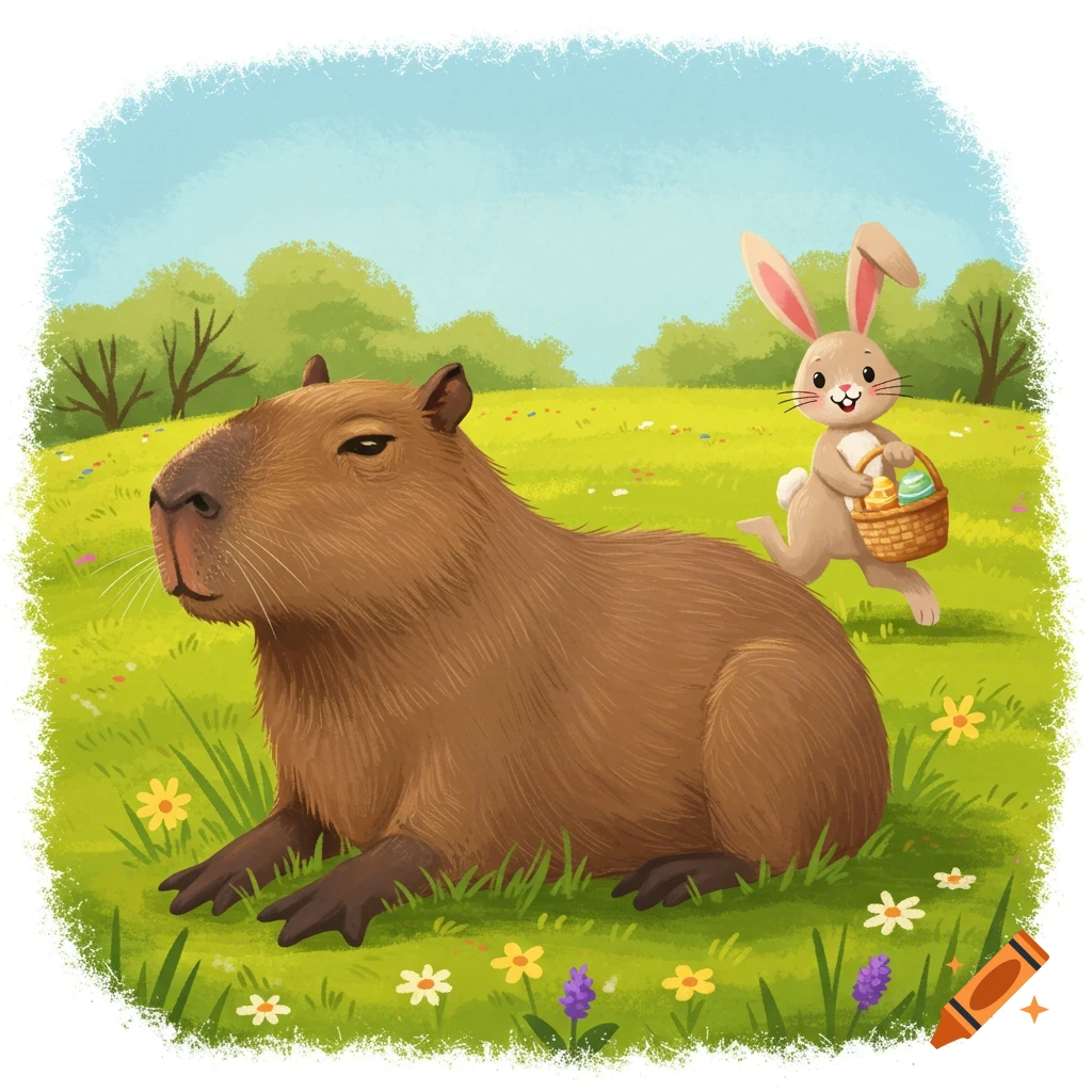 A capybara sitting in a grassy field with an Easter Bunny carrying a basket running behind it.