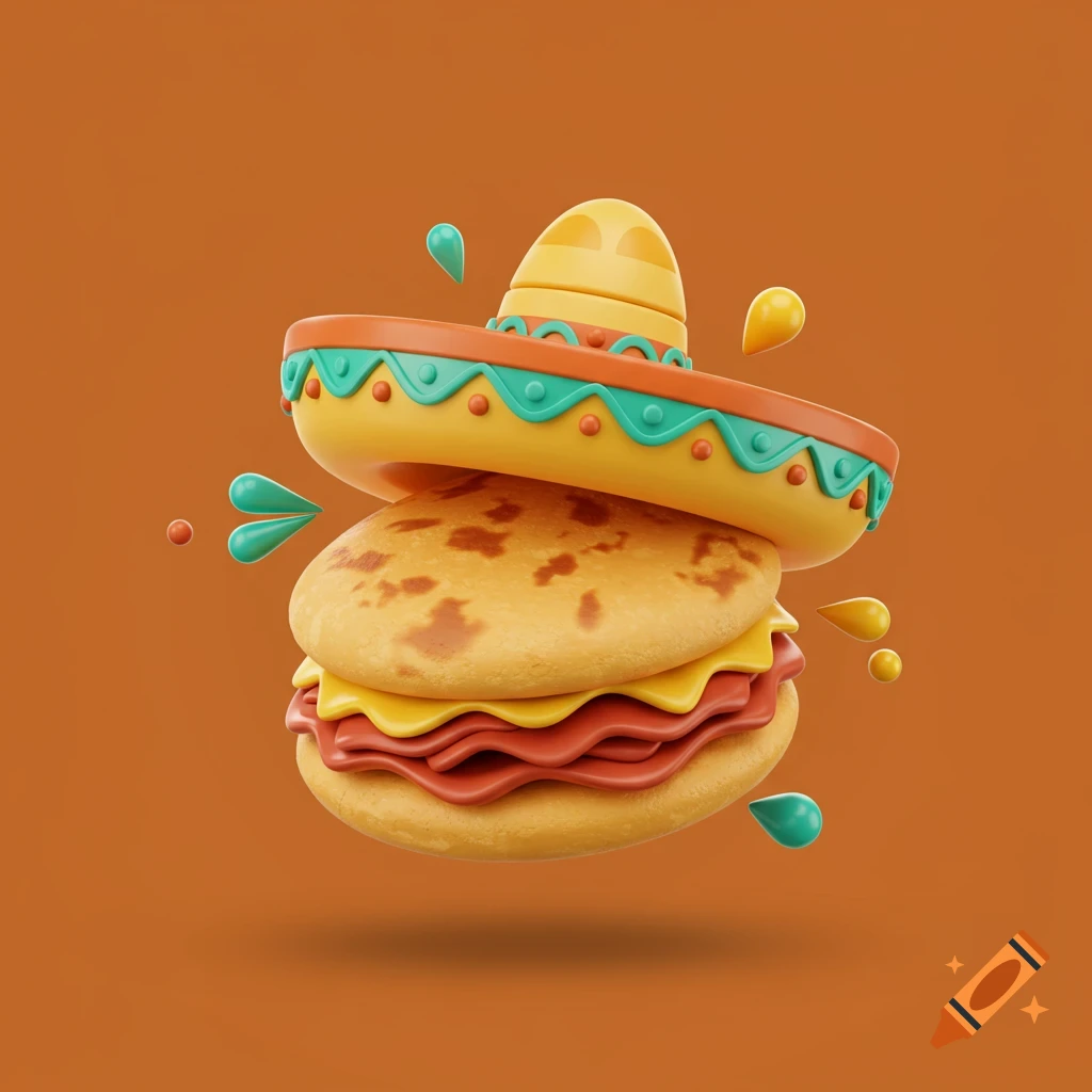 3D render of an arepa stacked with cheese and meat, topped with a sombrero, with splashes.