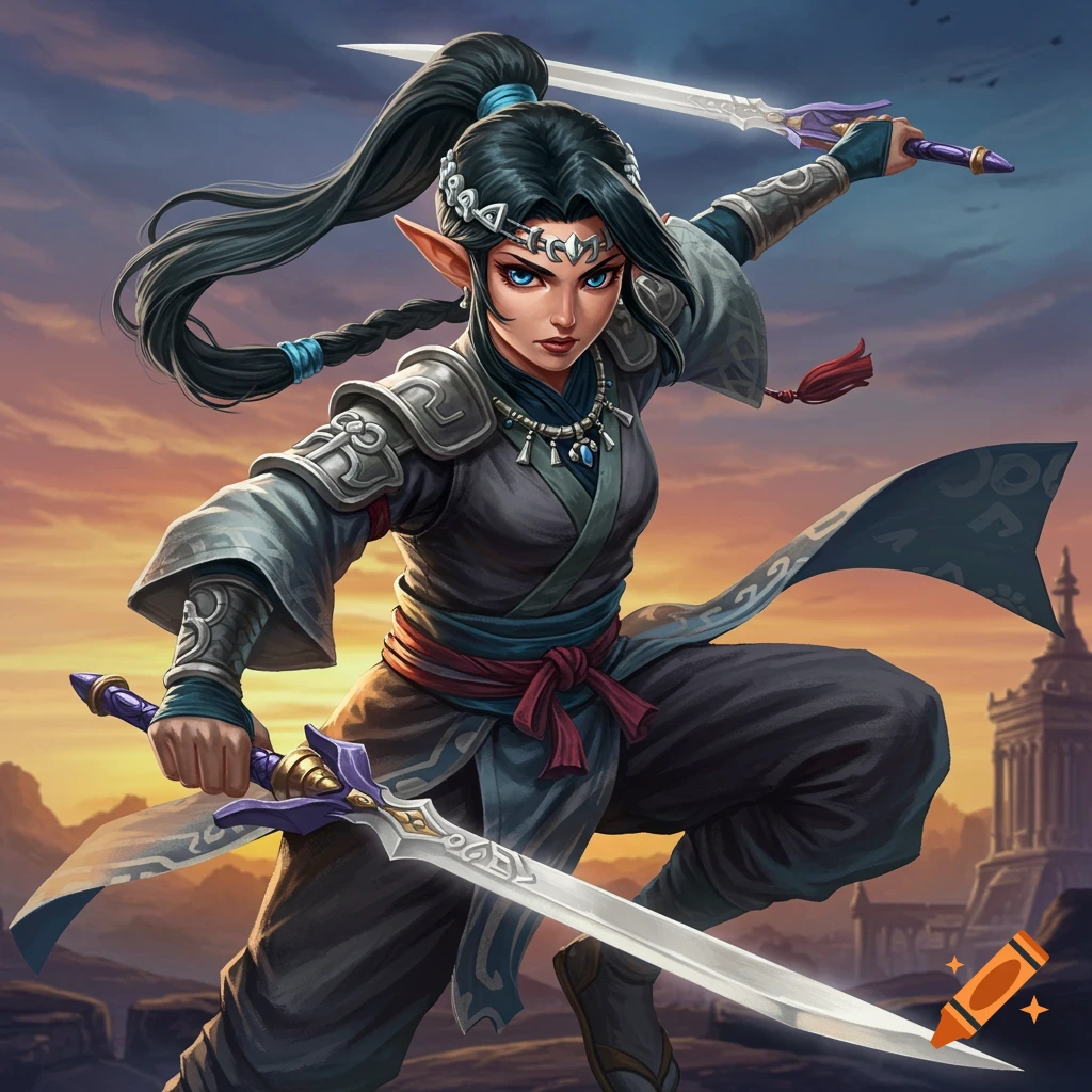 Fantasy character with two swords in a dynamic pose against a sunset.