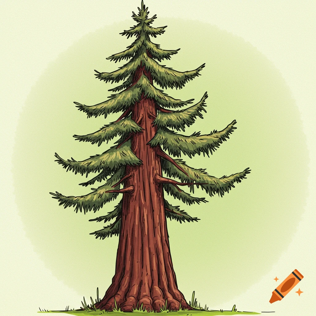 Illustration of a redwood tree against a light green background.