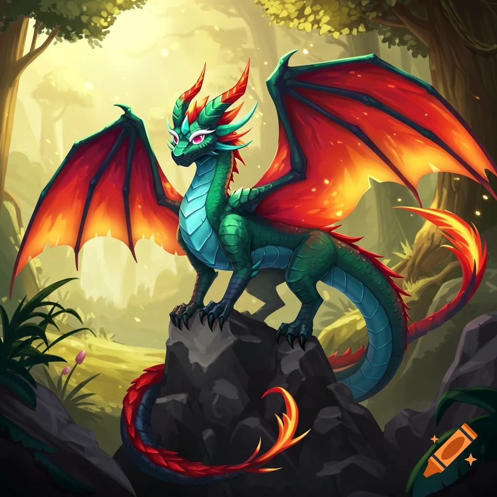 A green dragon with red and orange wings stands on a rock in a sunlit forest.