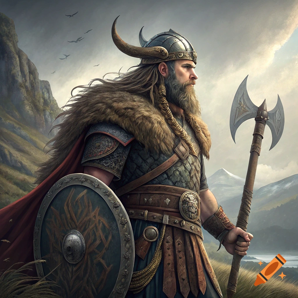Realistic illustration of a Viking warrior holding an axe and shield in a mountain landscape.