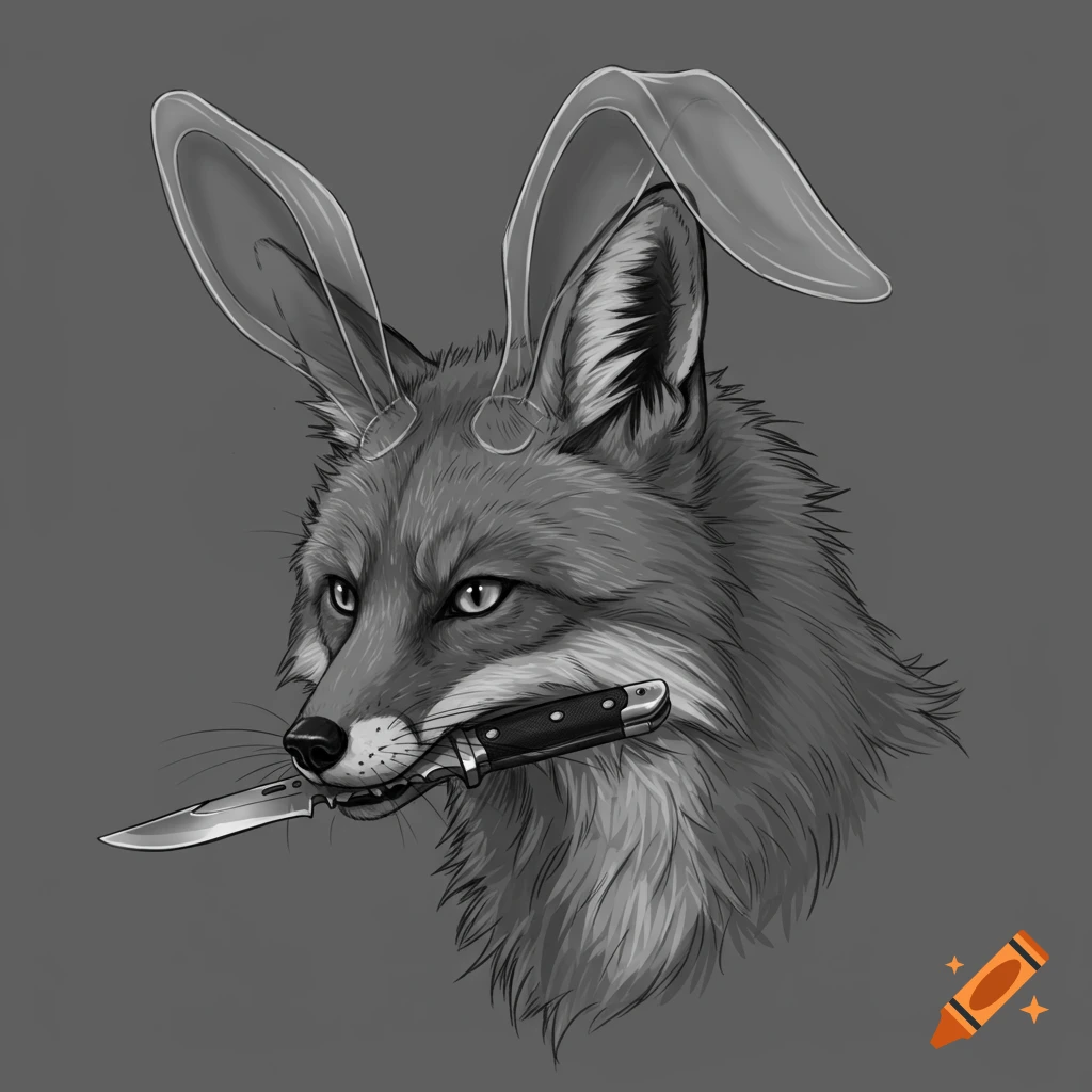 Grayscale image of a fox wearing translucent rabbit ears and holding a knife in its mouth.