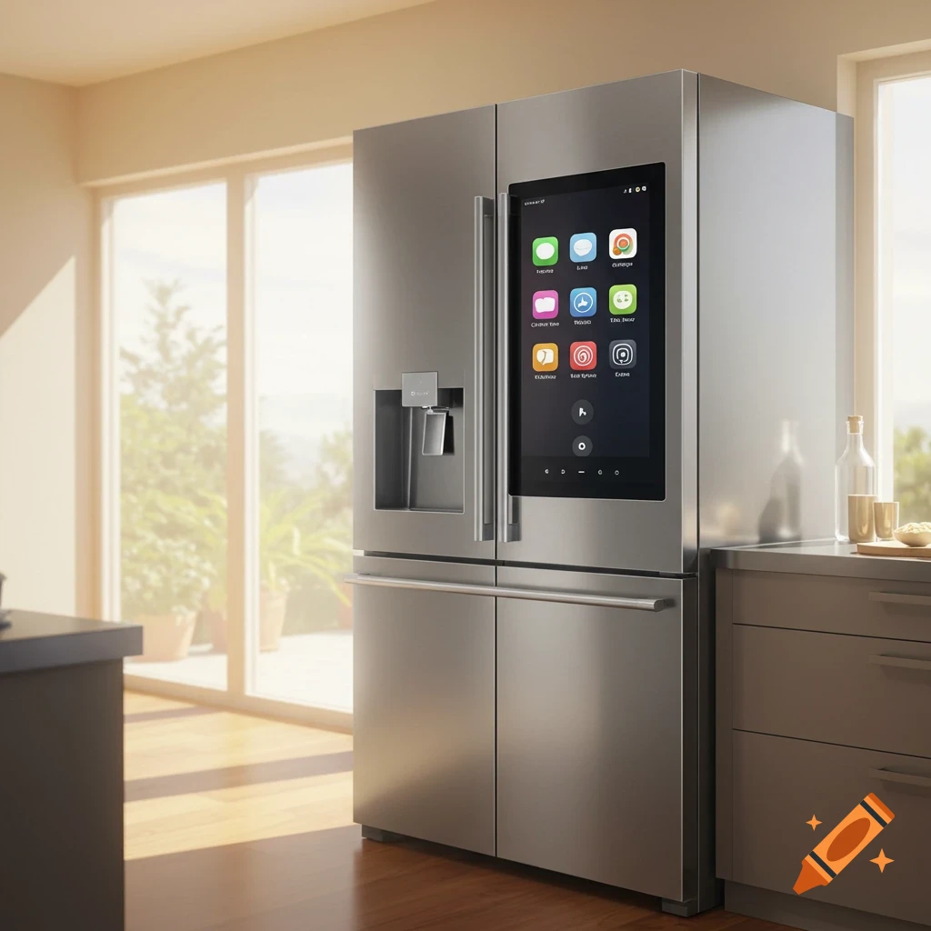 A stainless steel smart fridge with a touchscreen displaying icons stands in a sunny modern kitchen.
