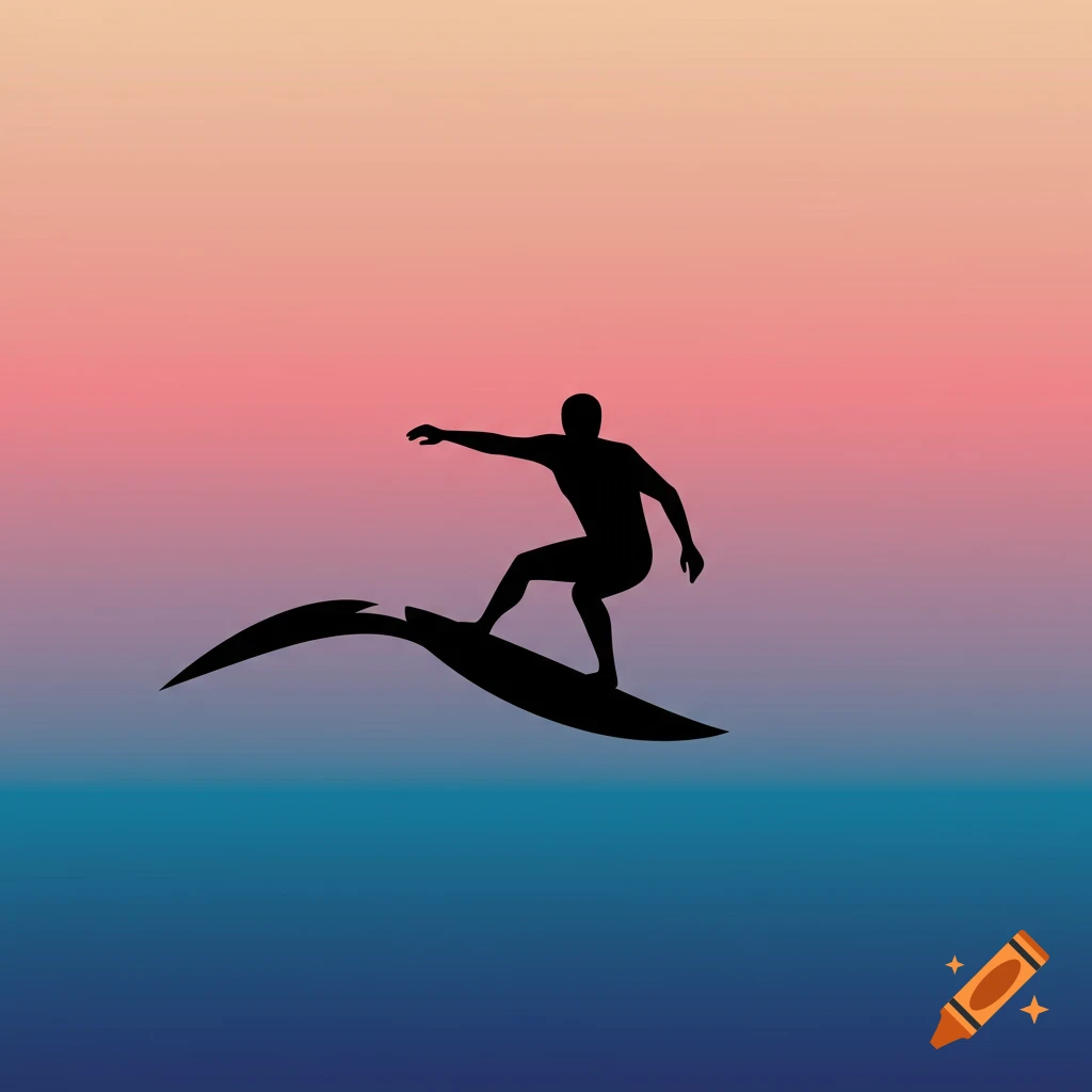 Silhouette of a surfer on a stylized board against an ombre sky.