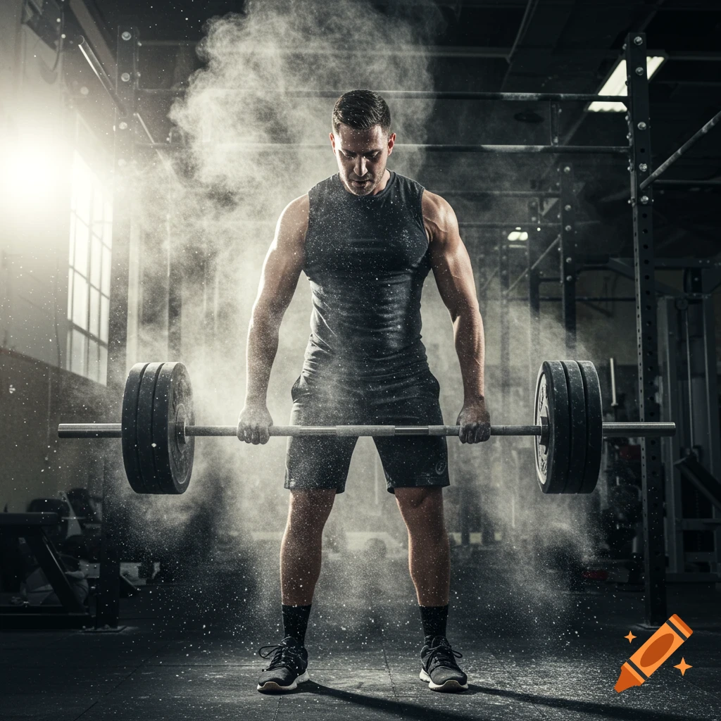 Muscular man lifting a barbell in a dusty gym
