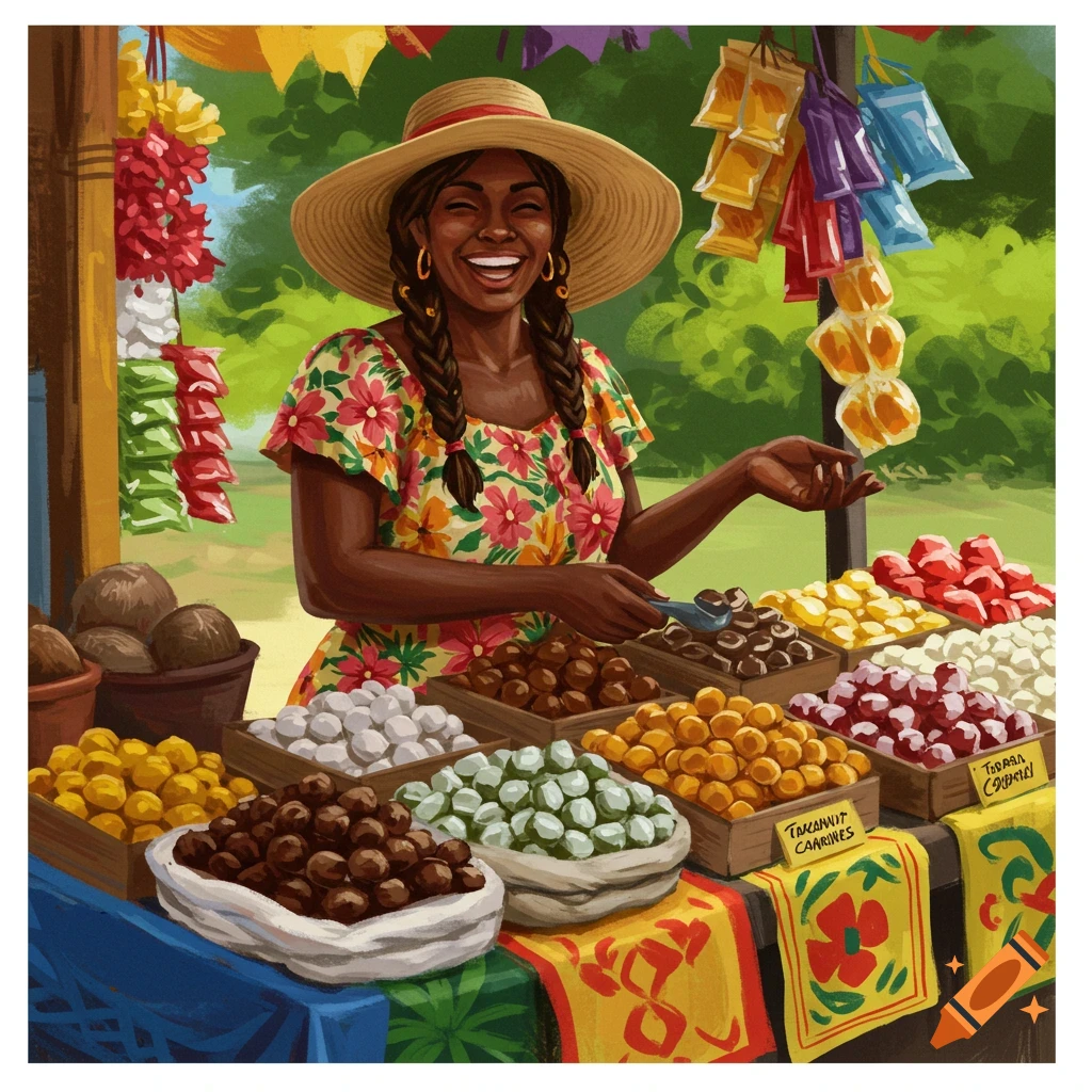 A smiling woman selling candy at a vibrant outdoor market stall.