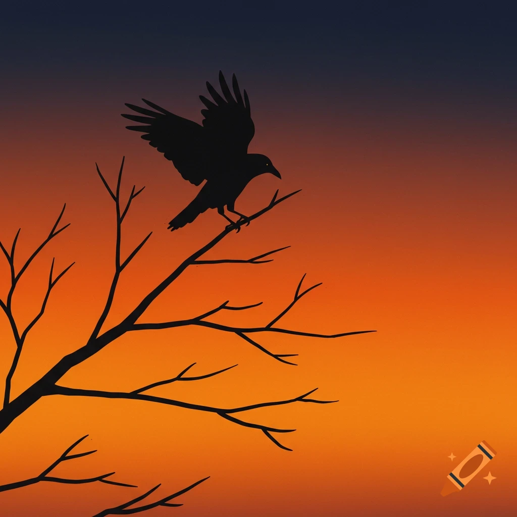 A black crow silhouette is perched on a bare branch against a gradient sunset sky of orange and blue.