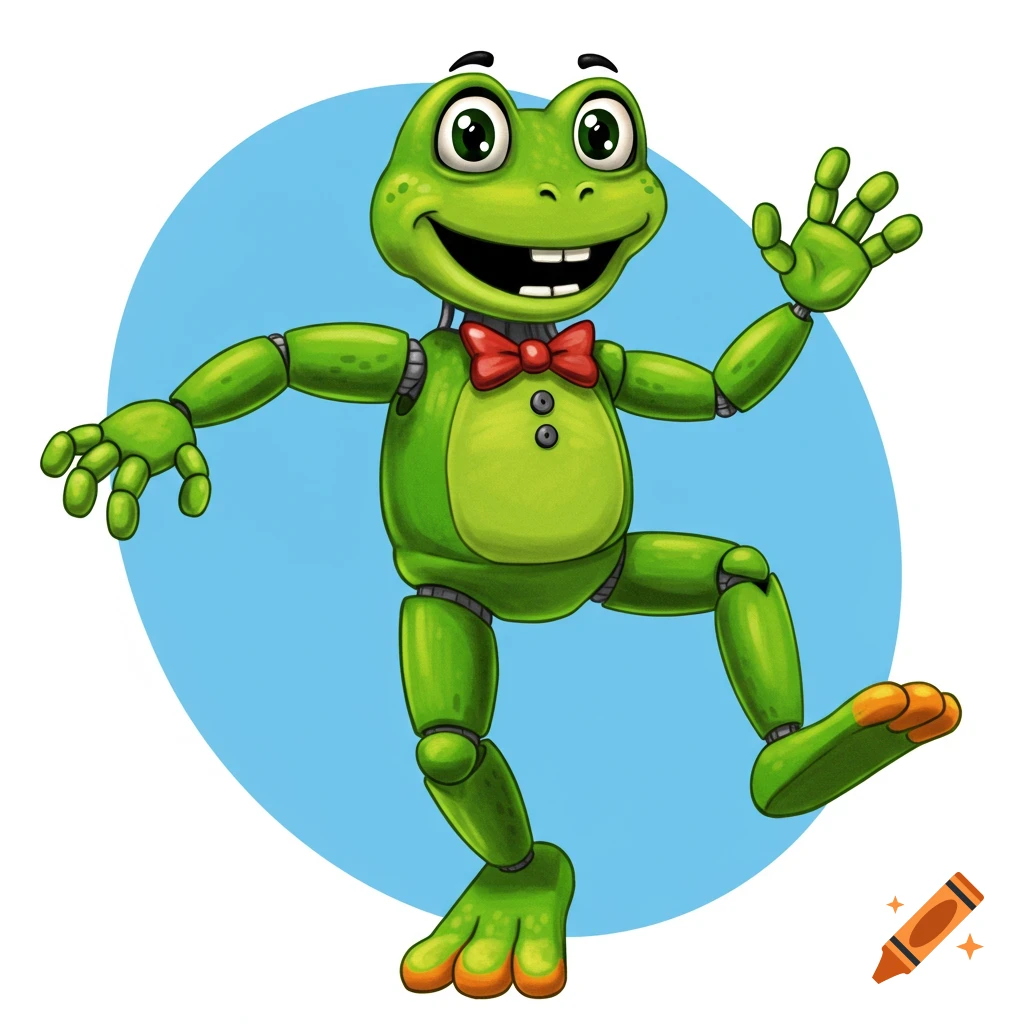 A green frog animatronic with a red bow tie is waving on a blue circle background.