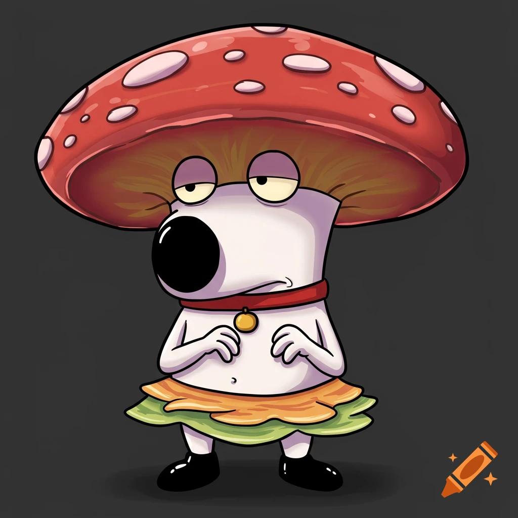 Cartoon illustration of a sad character resembling Brian Griffin with a mushroom cap head and fungi skirt