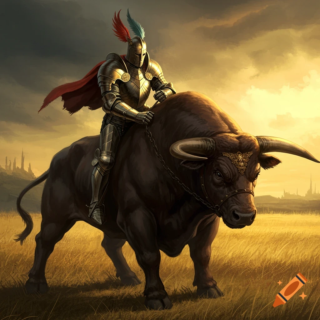A knight in golden armor riding a bull in a field at sunset.