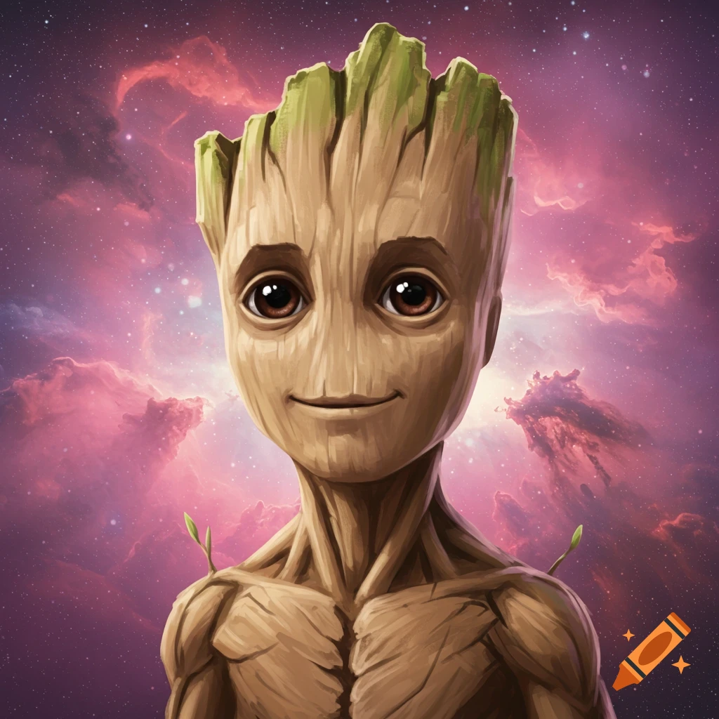 A smiling baby Groot stands against a purple and pink nebula background.