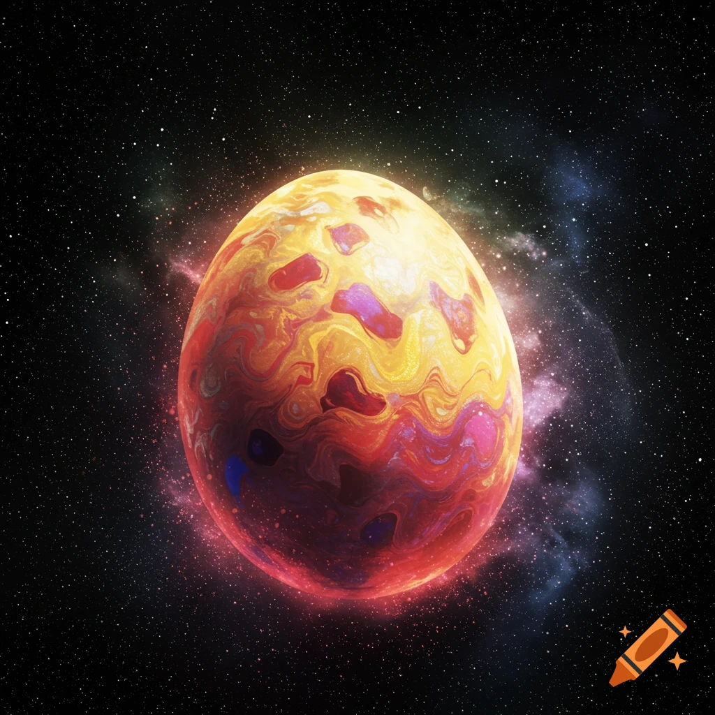 Fantasy art of a vibrant, abstract egg shape in deep space with stars and nebula.