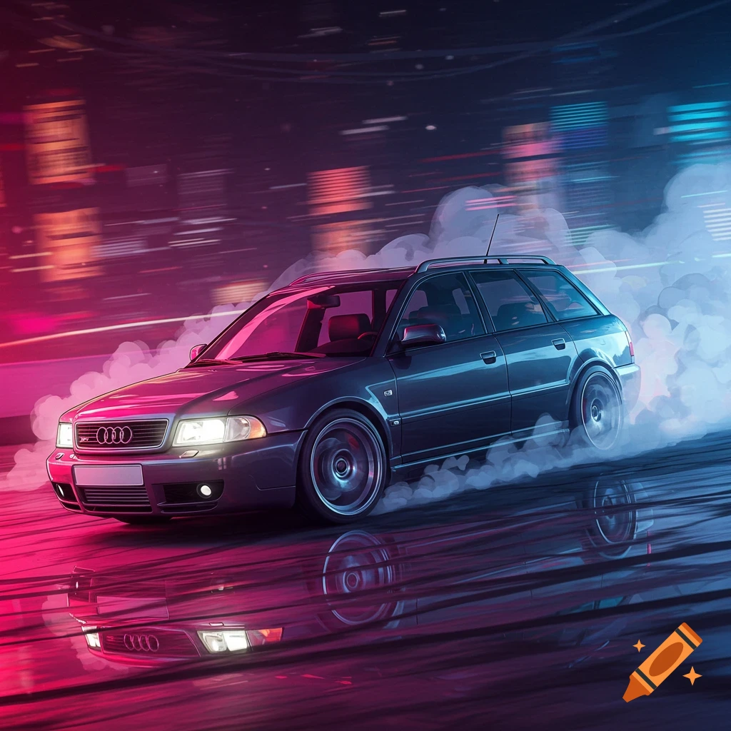 Dark blue Audi S4 Avant wagon drifts with smoke on a wet road, reflected in the surface. Anime style with neon city lights.