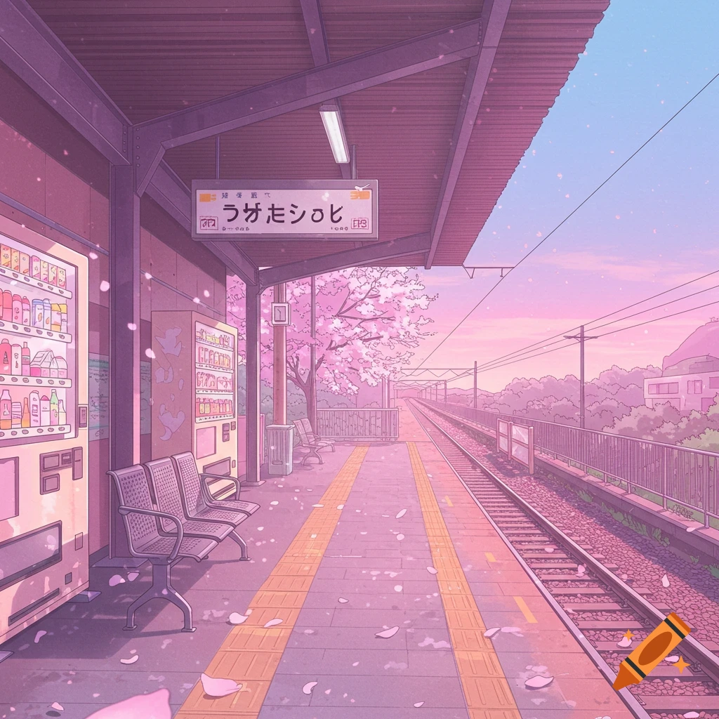 Anime style train station platform with pastel pink and blue hues, cherry blossoms, and vending machines.