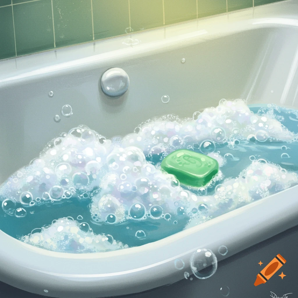 A bathtub is filled with bubbly water, with a bar of green soap floating on top.