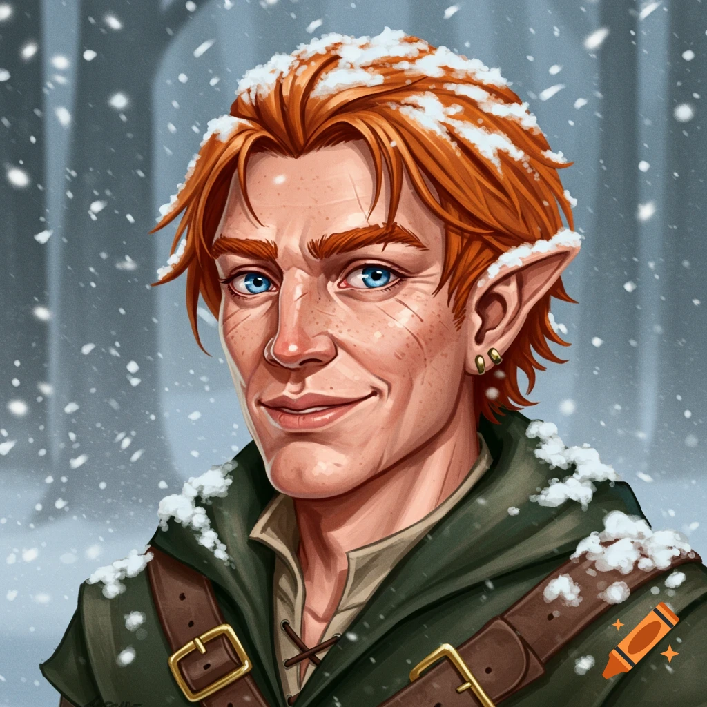 Portrait of a smiling fantasy character with ginger hair and snow in a snowy forest.