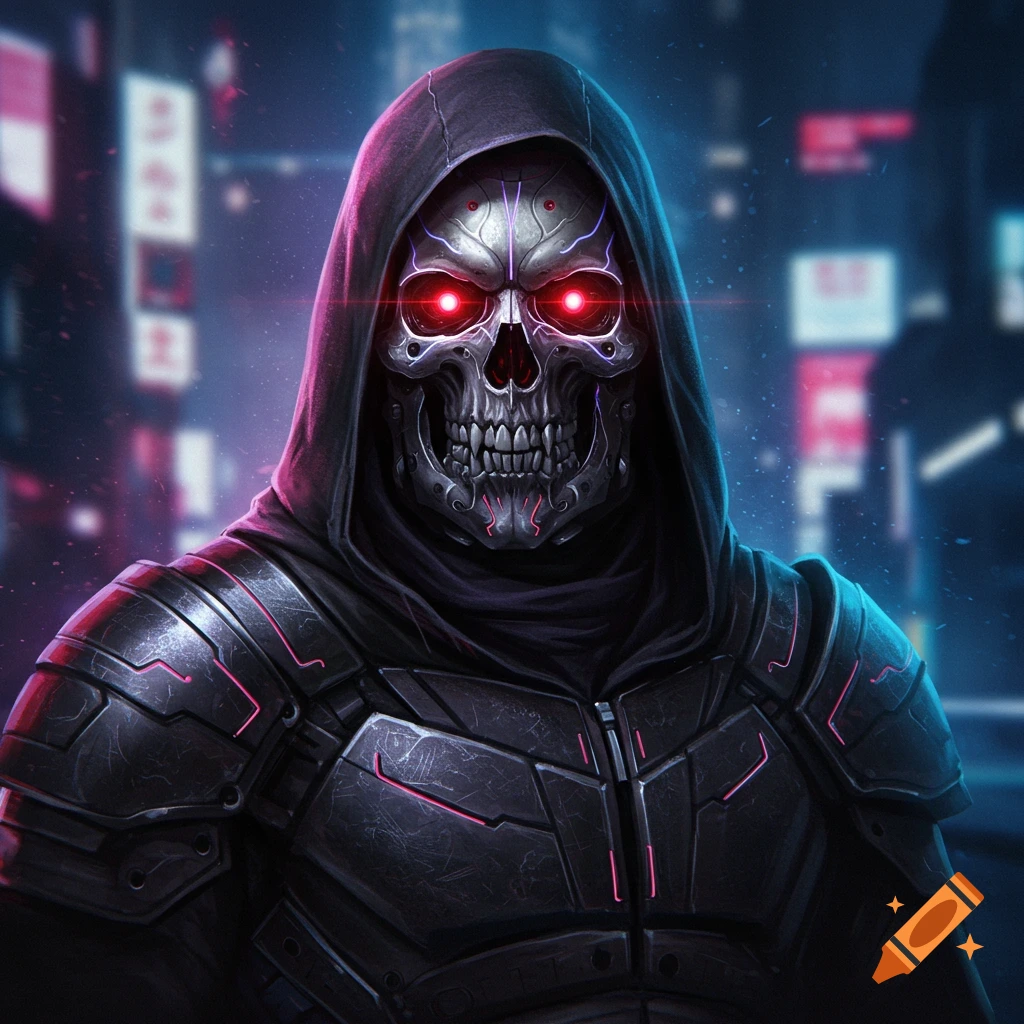A hooded figure in a skull mask and futuristic armor with red eyes in a blurred city background.