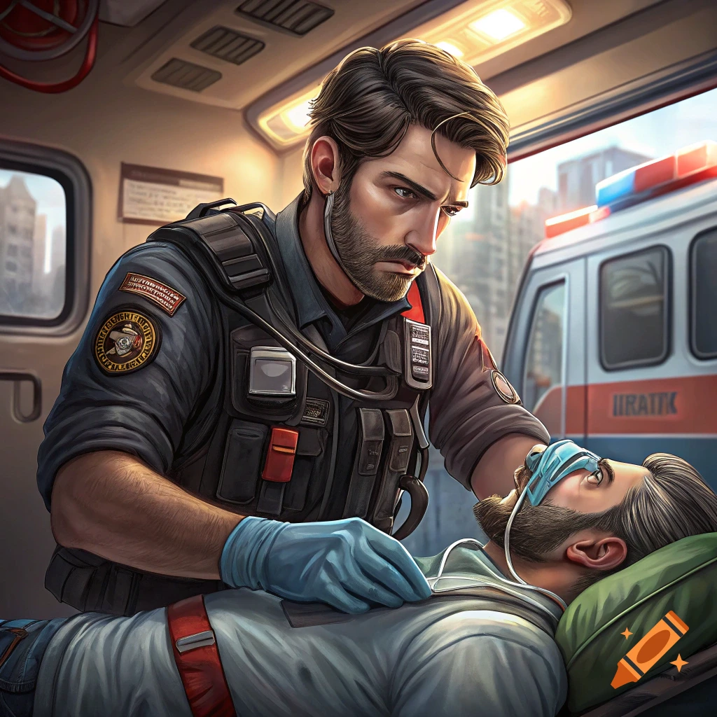 A paramedic tends to a patient lying on a stretcher inside an ambulance. Digital art.