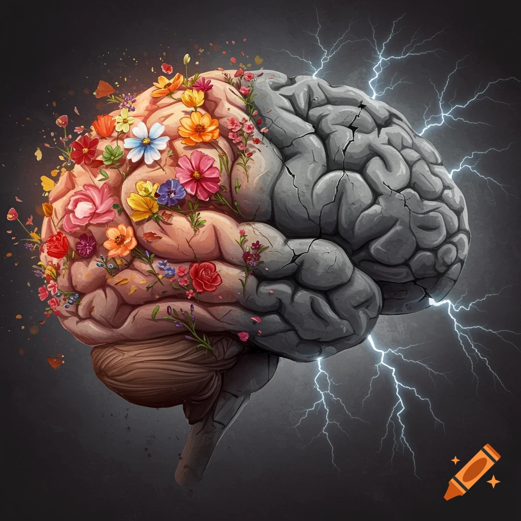 A human brain is split down the middle, with one side covered in colorful flowers and the other side dark grey with cracks and lightning.