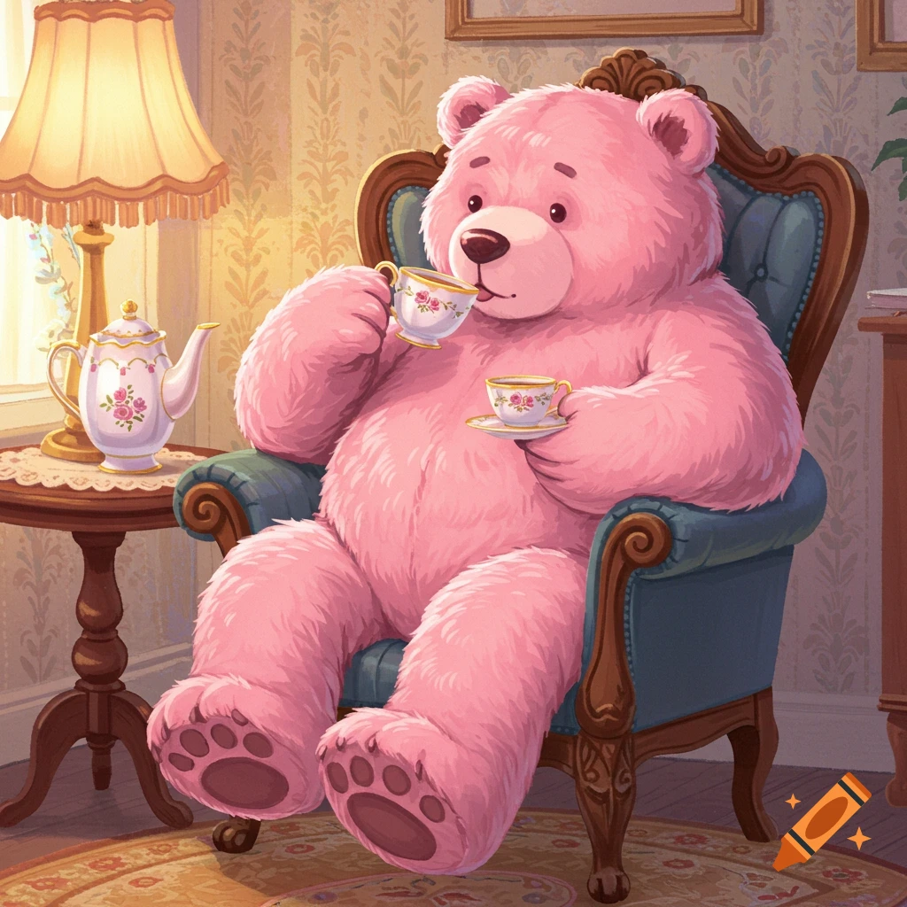 A pink teddy bear is sitting in a chair, enjoying a cup of tea