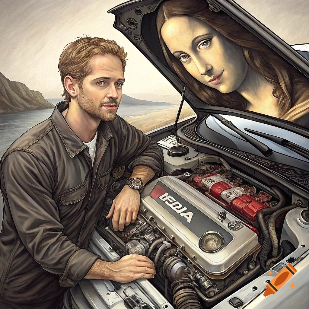 A man looks at a car engine with the Mona Lisa's face depicted on the open hood.
