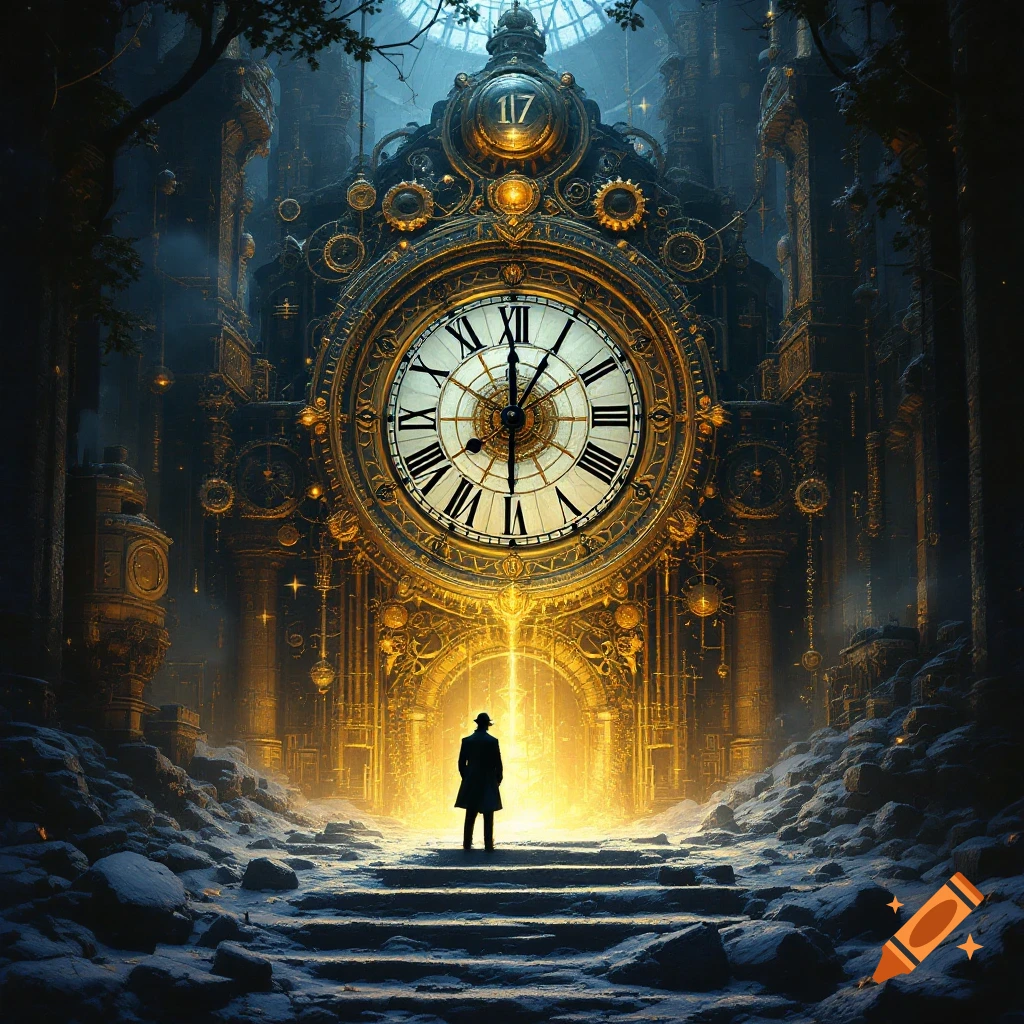 A figure stands before a giant, ornate steampunk clock in a dark, grand hall with snow.