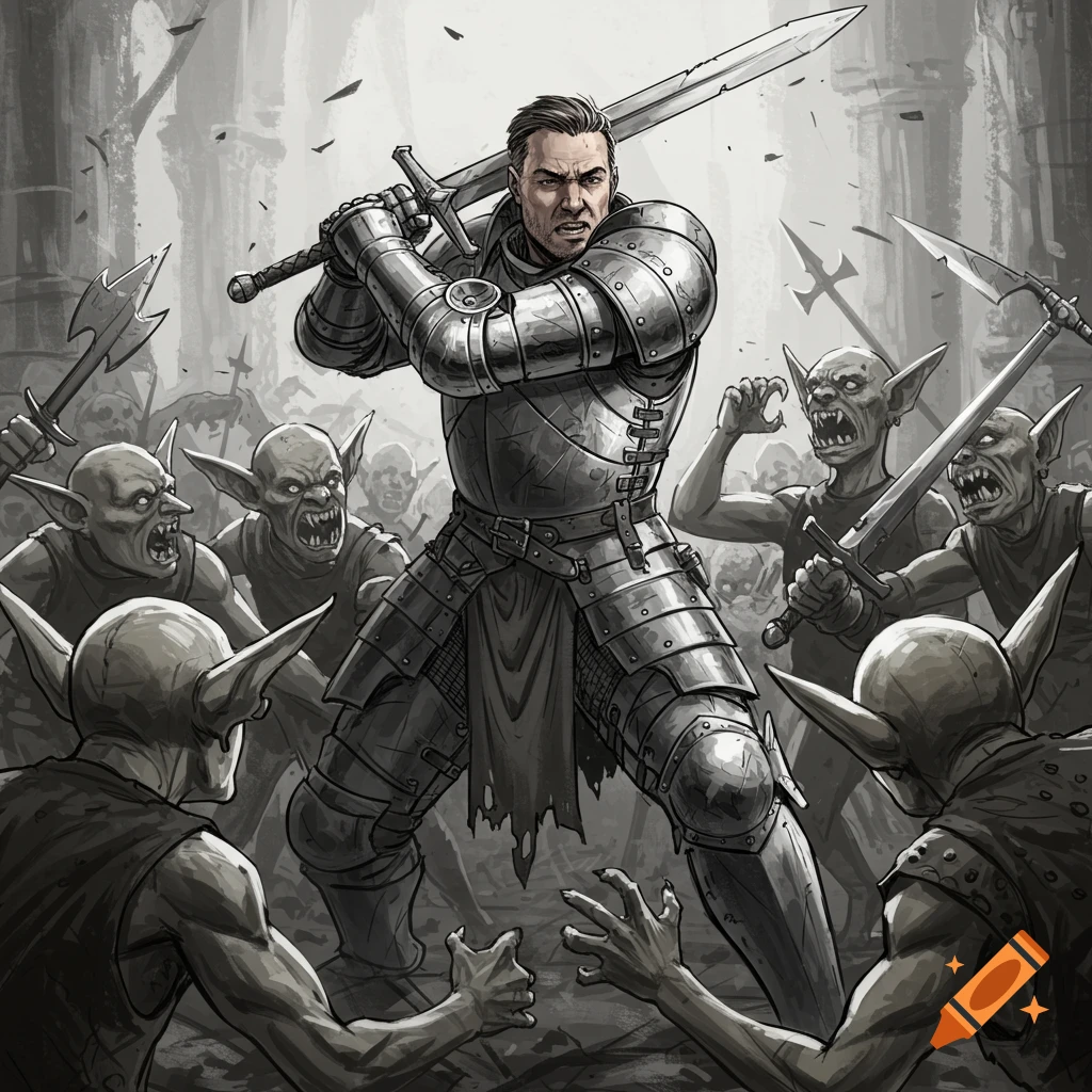 Angular drawing of a knight fighting a horde of goblins.