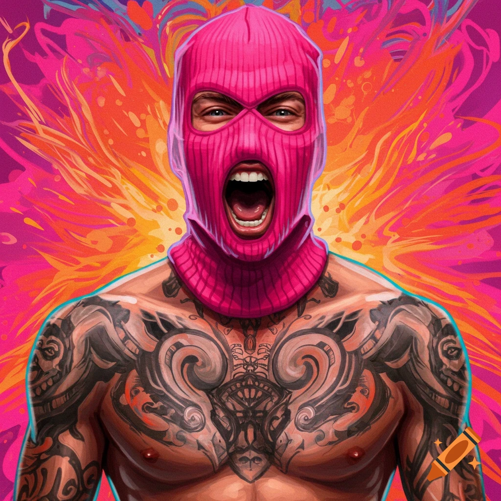 A person in a pink balaclava screams, showing tattoos, against a vibrant background.