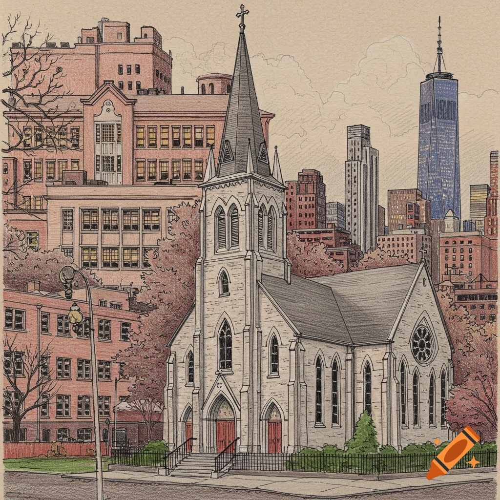 Pencil drawing of a Catholic church in the foreground with a school and New York City skyline in the background.