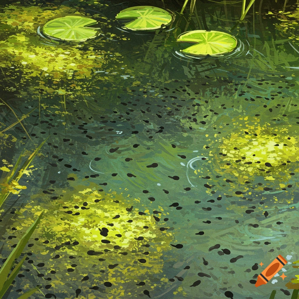 A pond with green lily pads and many black tadpoles swimming in the water.
