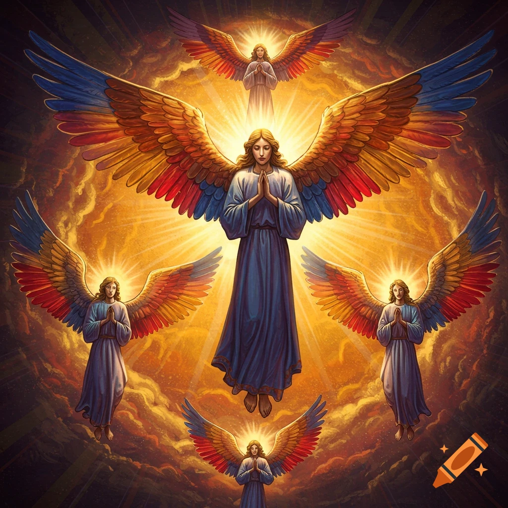 Multiple angels with colorful wings float in a glowing sky, praying.