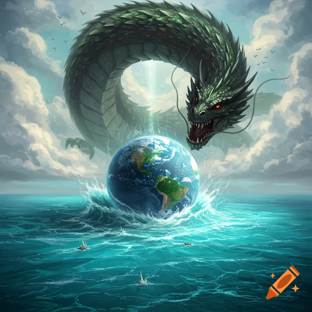 A giant green dragon circles the Earth, which is splashing in the ocean.