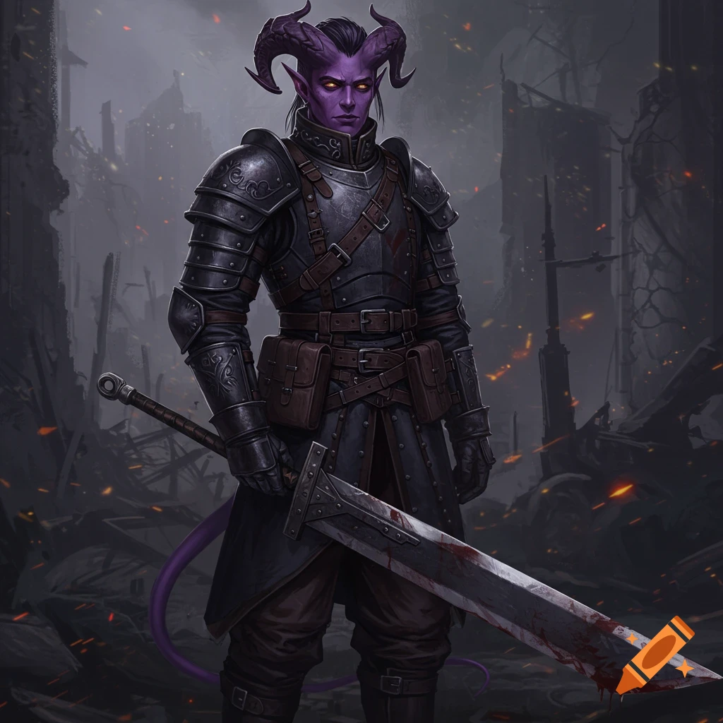 A purple-skinned tiefling in dark armor holds a large bloody sword in a ruined city.
