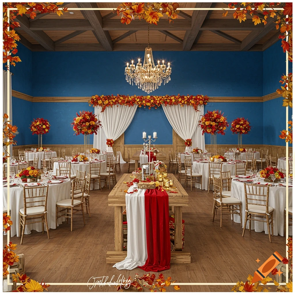 A decorated hall for an event with blue walls, tables set for dining, red and yellow floral arrangements, a chandelier, and autumn leaf decorations.