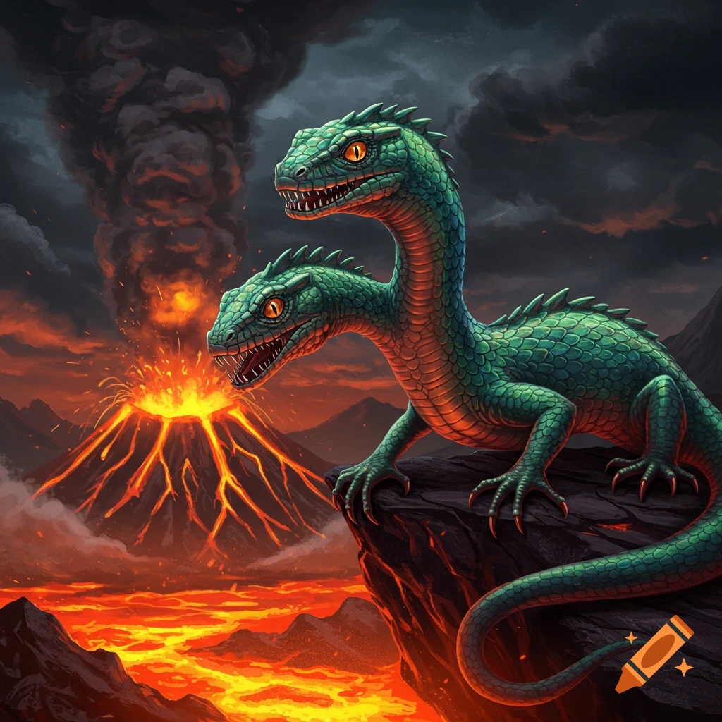 A two-headed green lizard creature sits on a rock, watching an erupting volcano with flowing lava.