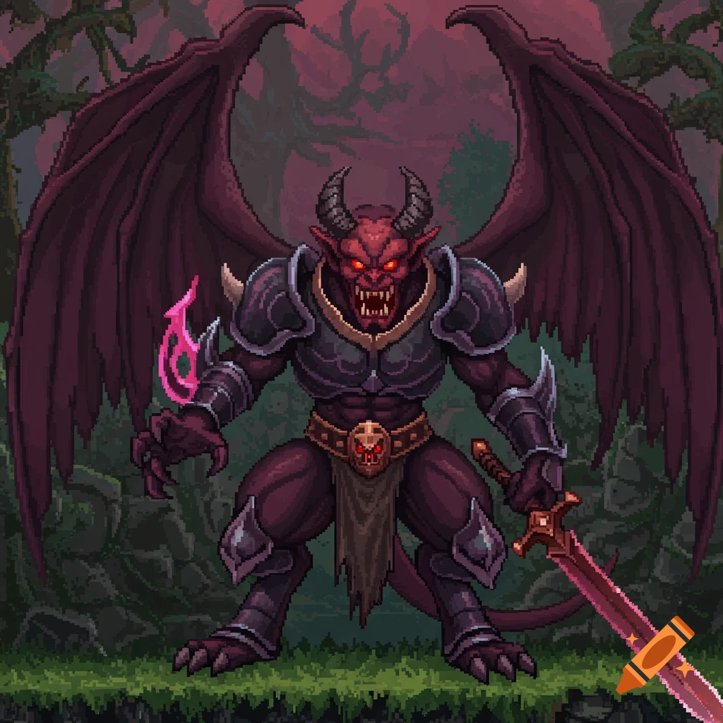 Pixel art illustration of a red fantasy demon character with wings, armor, and sword.