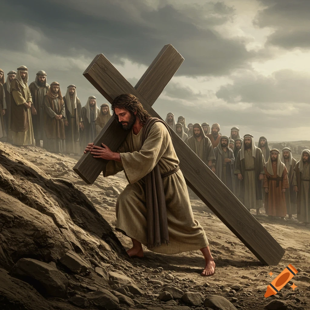 A depiction of Jesus carrying a cross up a hill with a crowd watching under a cloudy sky.