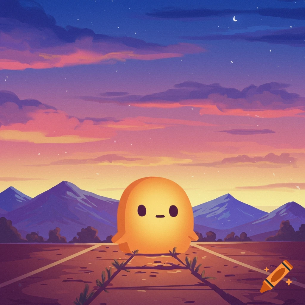 A small orange blob-like character sits on a path during a vibrant sunset.