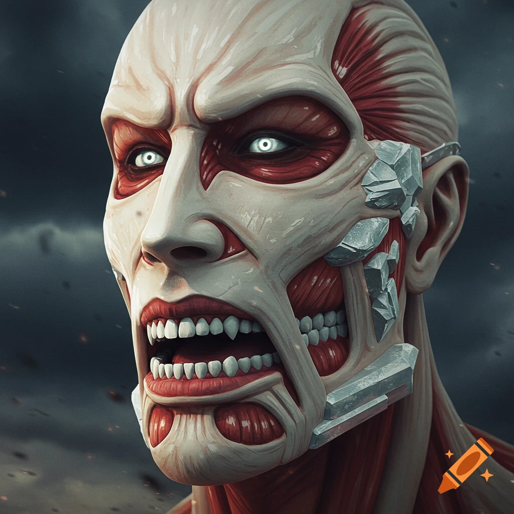Close-up portrait of a Titan face with exposed muscle and glowing eyes from Attack on Titan.