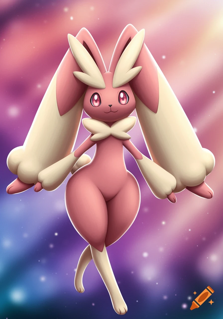Illustration of the Pokemon Lopunny, a pink and cream rabbit-like creature with long ears, standing in a dynamic pose against a blurred, colorful background.